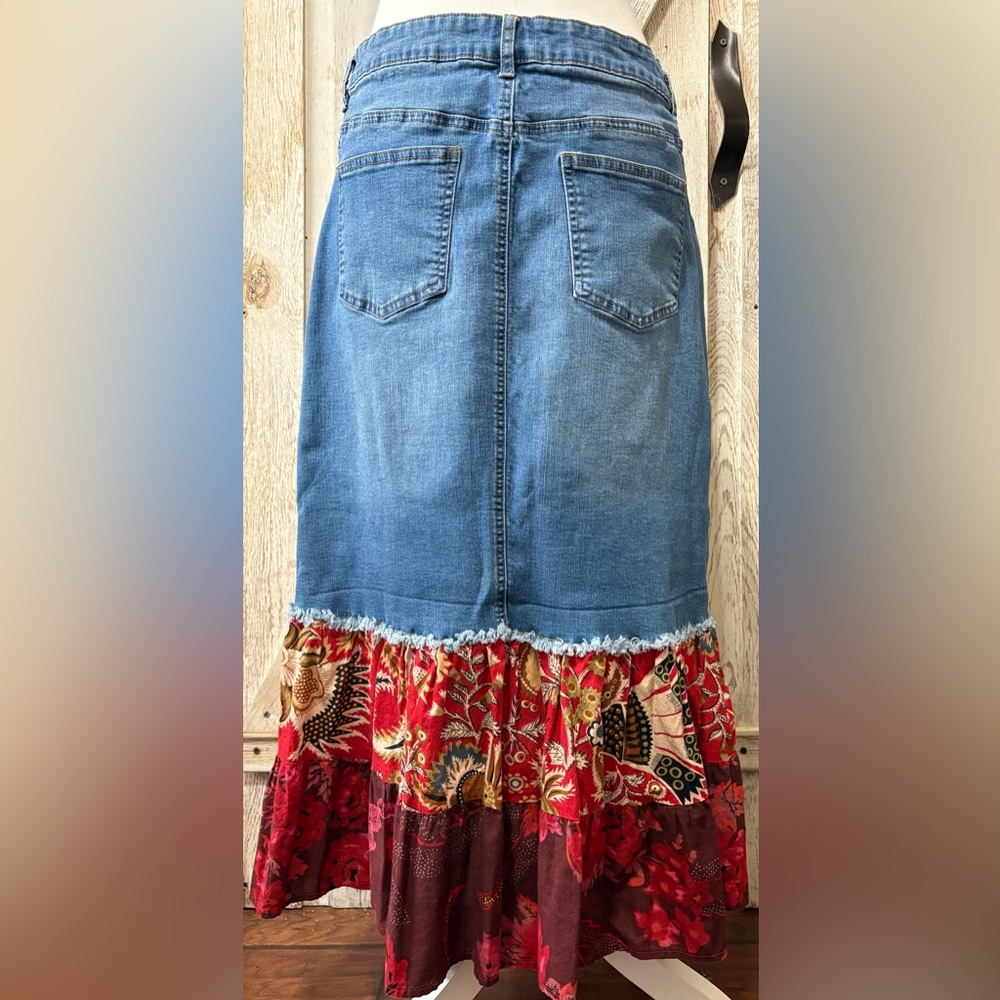 Boho Denim Midi Skirt with Red Floral Ruffle - Picture 2 of 4